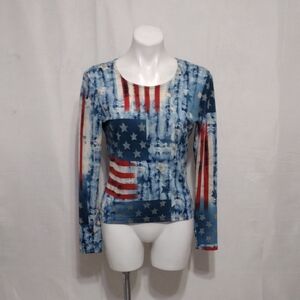 Lillie Rubin M American Flag Tie Dye Print Long Sleeve Fitted Top USA Patriotic